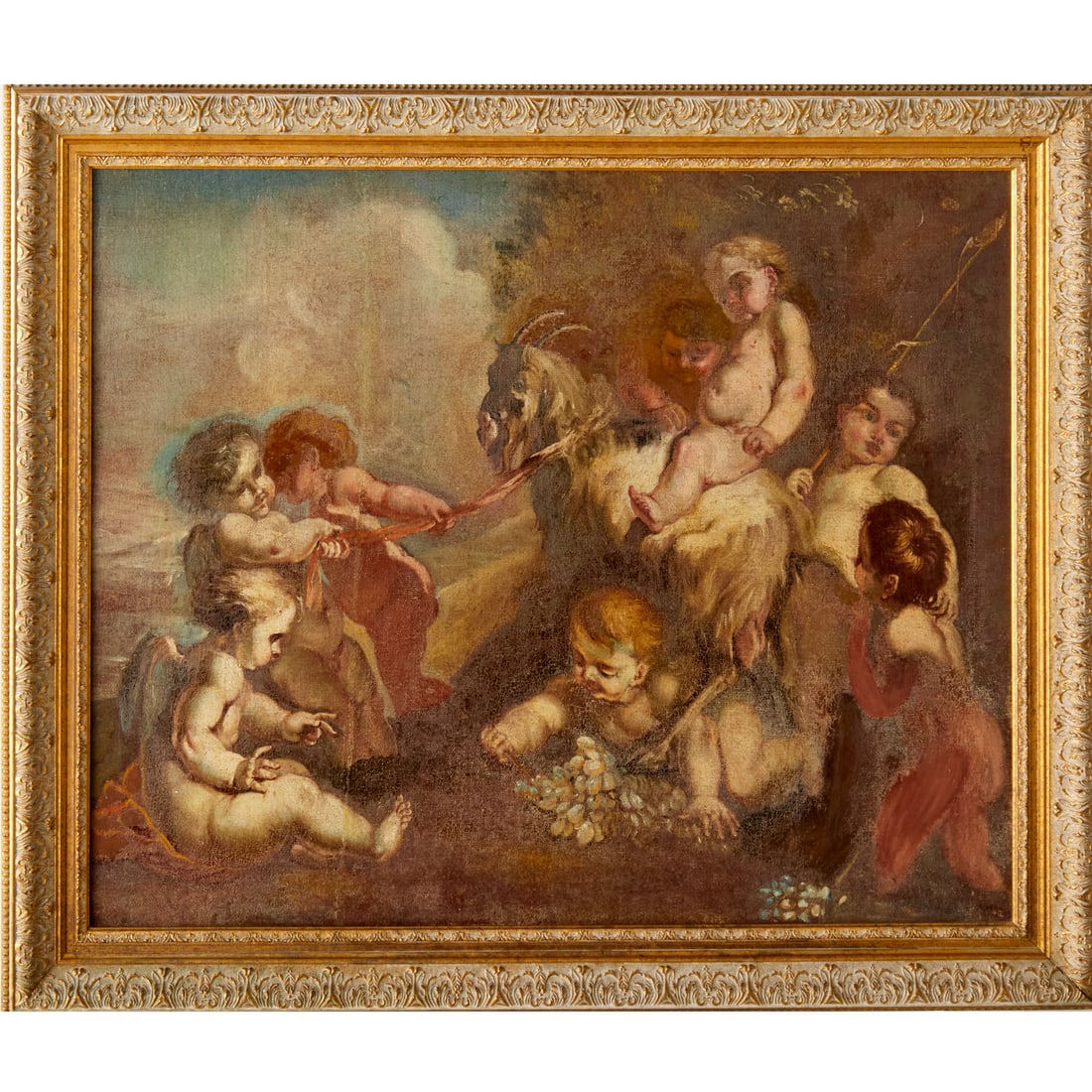 Francois Boucher (manner), oil on board: Francois Boucher (manner), oil on board, Manner of Francois Boucher (19th c.), Bacchanalia with putti and goat, oil on canvas mounted to panel, no signature observed, 30"h x 37"w (panel), 36"h x 44w (