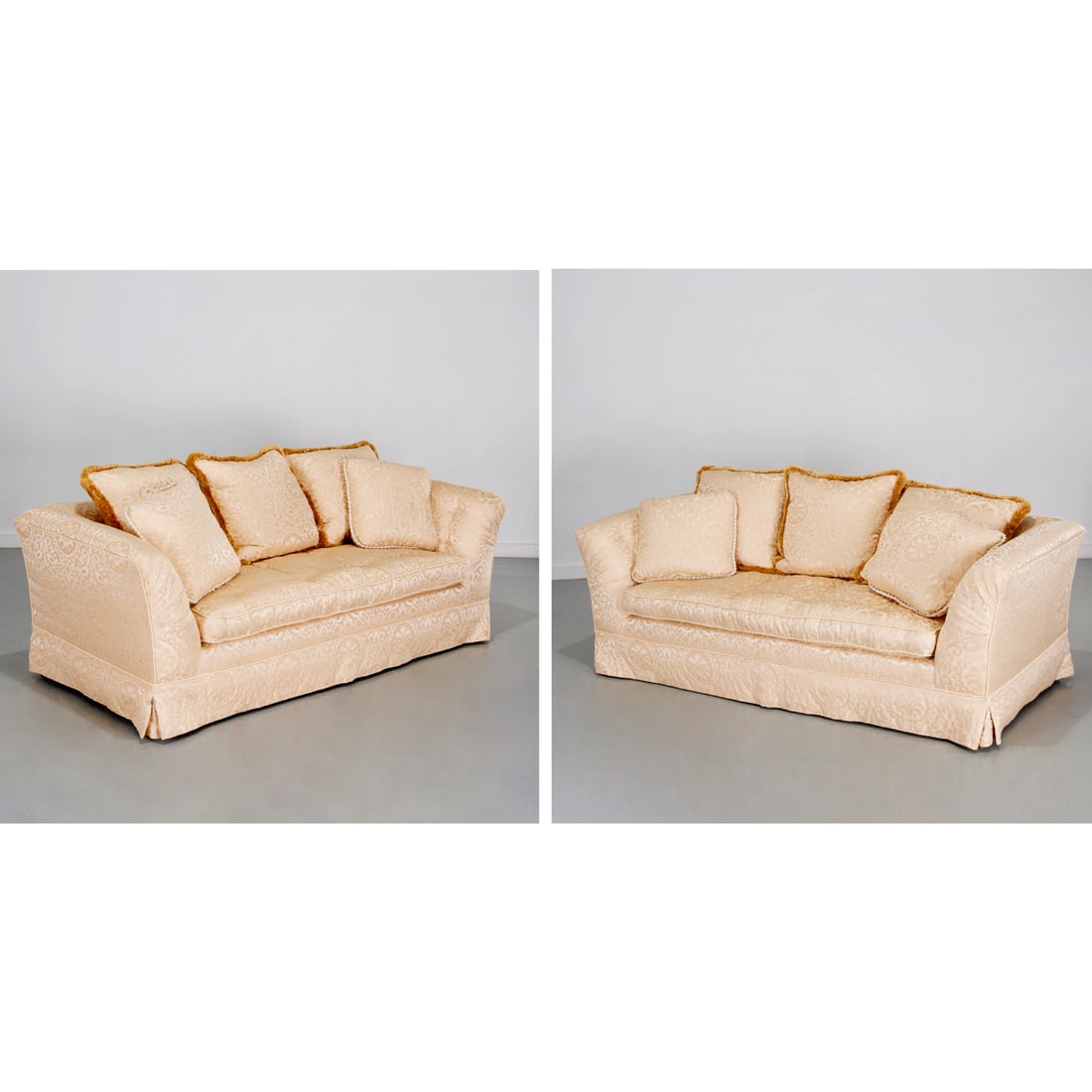 Pair Custom Designer Upholstered Threeseat Sofas Auction