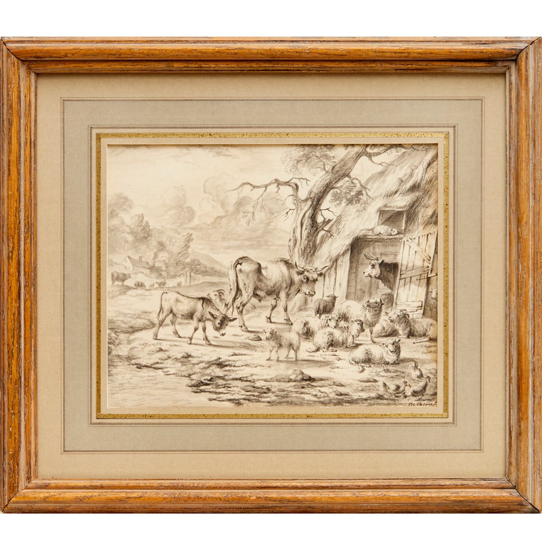 Michiel Carre, black ink and wash on paper: Michiel Carre, black ink and wash on paper, Michiel Carre (Dutch, 1657-1727), Barnyard Animals, signed lower right, gallery label verso, matted and framed under plexiglass, 7.25"h x 9"w (sight), 13"h