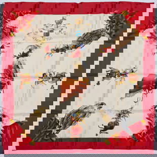 Hermes "Chasse a Vol" 90 cm silk scarf: Hermes "Chasse a Vol" 90 cm silk scarf, 20th c., Made in France, with brick red border, formerly known as 'Fauconnerie Royal Debuit', designed by Henri De Linares and first issued in 1962, signed with