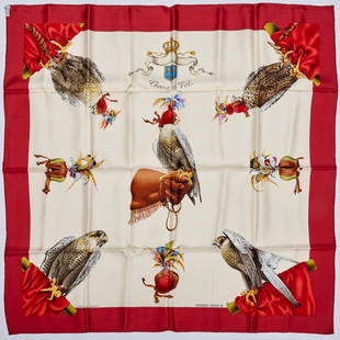 Hermes "Chasse a Vol" 90 cm silk scarf: Hermes "Chasse a Vol" 90 cm silk scarf, 20th c., Made in France, with brick red border, formerly known as 'Fauconnerie Royal Debuit', designed by Henri De Linares and first issued in 1962, signed with