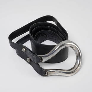 Tiffany & Co. Elsa Peretti equestrian style belt: Tiffany & Co. Elsa Peretti equestrian style belt, 1974, Made in Italy, in sterling silver with black leather belt, original Tiffany sleeper bag, approx. 3.5"w, belt 42"l, stamped "Peretti Tiffany & Co