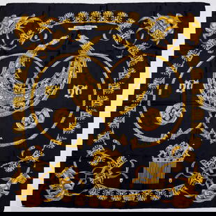 Hermes "Cavaliers d'Or" 90 cm silk scarf: Hermes "Cavaliers d'Or" 90 cm silk scarf, 21st c., Made in France, black with gold, first designed by Vladimir Rybaltchenko in 1975, signed within print, with fabric label, 35" squ Provenance: From a
