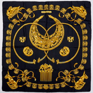 Hermes "Cavaliers d'Or" 90 cm silk scarf: Hermes "Cavaliers d'Or" 90 cm silk scarf, 21st c., Made in France, black with gold, first designed by Vladimir Rybaltchenko in 1975, signed within print, with fabric label, 35" squ Provenance: From