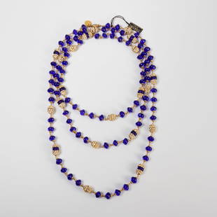 Chanel blue gripoix & diamonte necklace: Chanel blue gripoix & diamonte necklace, Made in France, alternating groups of gripoix and diamonte beads with gold link chain, with original hang tag and dangling Chanel logo tag, approx. 70"l 