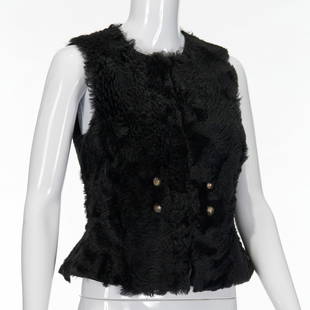 Ralph Lauren lamb shearling black vest: Ralph Lauren lamb shearling black vest, 2000s, hook & eye closure, double breasted faux button detail in silver, fully lined and trimmed in leather, size S, 20"l Provenance: A Private Collection: 200