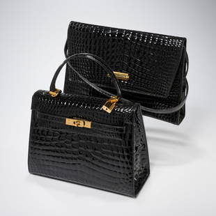 (2) Croc-embossed black handbags: (2) Croc-embossed black handbags, 20th c., Made in Italy, (1) style of Hermes Birkin, with turn key & lock, interior with gold plate engraved "Made in Italy", approx. 8.5"h, 11"w, (1) Alfa oversize en