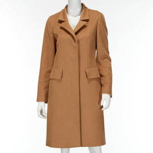 Max Mara camel hair coat: Max Mara camel hair coat, 21st c., hidden button front, top stitching detail, (2) flap pockets, (4) button sleeves, fully lined in logo silk, back vent, size 8