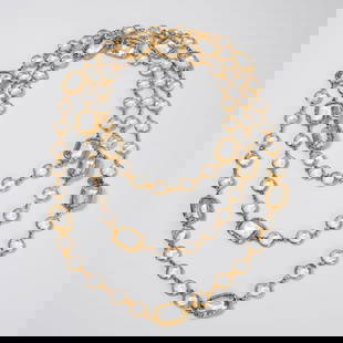 Chanel signed crystal long necklace: Chanel signed crystal long necklace, 1981, in gold tone metal, sautoir featuring round crystals separated by large gold framed rectangles, with hanging disk stamped Chanel 1981, approx. 64"l, Provenan