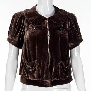 Marc by Marc Jacobs velvet jacket: Marc by Marc Jacobs velvet jacket, 20th c., over dyed brown velvet, with peter Pan collar, short sleeves bubble pockets, pleated back, fully lined, size 0 Provenance: A Private Collection: 200 West 86