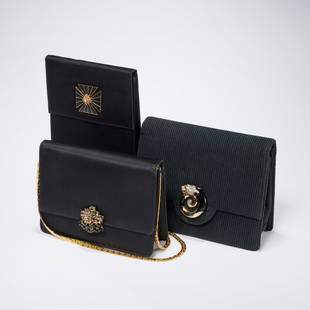 (3) Martin Van Schaak evening bags: (3) Martin Van Schaak evening bags, 2000s, (1) silk satin with jeweled clasp in smoky gray and black stones, flap closure, gold chain strap, approx. 5"h, 7.5"w, (1) black ribbed silk with flap closure