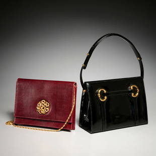 (2) Martin Van Schaak handbags: (2) Martin Van Schaak handbags, 20th c., (1) burgundy embossed leather with gold metal medallion, snap closure, chain strap, interior with zipper pocket, stamped, approx. 7"h, 9"w, (1) black patent le