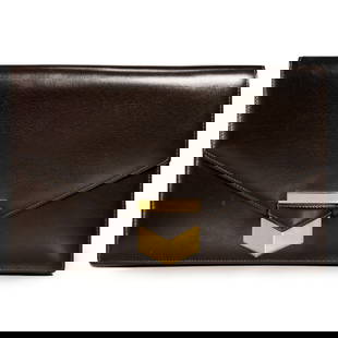 Vintage Hermes brown leather Pan clutch: Vintage Hermes brown leather Pan clutch, c. 1980s, Made in France, foldover flap closure with gold plated hardware, evening envelope style, lambskin interior with three slit pockets, stamped Hermes Pa