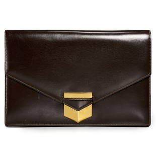 Vintage Hermes brown leather Pan clutch: Vintage Hermes brown leather Pan clutch, c. 1980s, Made in France, foldover flap closure with gold plated hardware, evening envelope style, lambskin interior with three slit pockets, stamped Hermes Pa