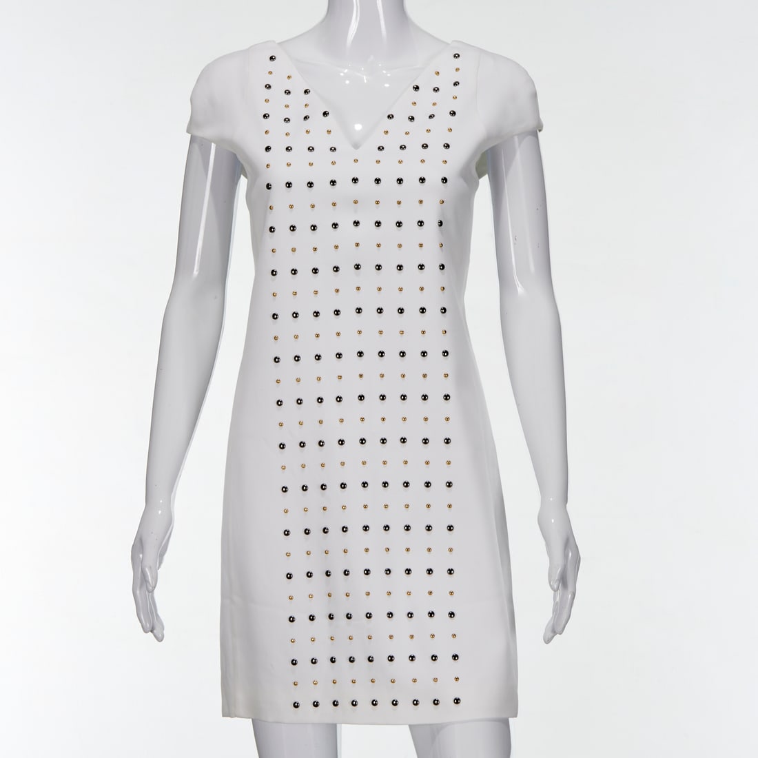 Versace ivory studded dress: Versace ivory studded dress, 2000s, Made in Italy, cap sleeve shift with v neckline, zipper back, fully lined, studded front design, size 40, approx. 36"b, 34"l
