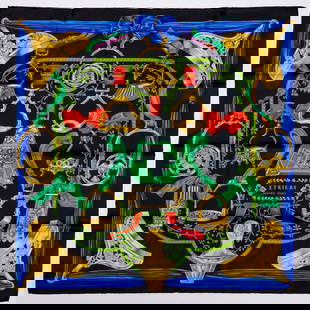 Hermes "Etirers" 90 cm silk scarf: Hermes "Etirers" 90 cm silk scarf, 20th c., Made in France, black with green, yellow, blue, red, designed by Françoise De La Perriere, signed within print, with original box Provenance: A Private Col