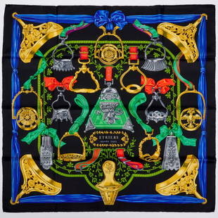 Hermes "Etirers" 90 cm silk scarf: Hermes "Etirers" 90 cm silk scarf, 20th c., Made in France, black with green, yellow, blue, red, designed by Françoise De La Perriere, signed within print, with original box Provenance: A Private Col