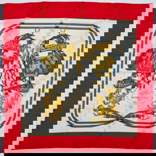 Hermes "Brides de Gala" 90 cm silk scarf: Hermes "Brides de Gala" 90 cm silk scarf, 20th c., Made in France, original design by Hugo Grykas in 1957, equestrian theme with red border, gray and yellow on ivory print, signed within print, approx
