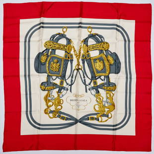 Hermes "Brides de Gala" 90 cm silk scarf: Hermes "Brides de Gala" 90 cm silk scarf, 20th c., Made in France, original design by Hugo Grykas in 1957, equestrian theme with red border, gray and yellow on ivory print, signed within print, approx