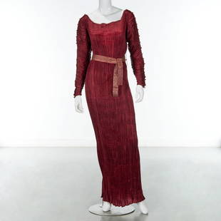 Mariano Fortuny port silk evening gown: Mariano Fortuny port silk evening gown, early 20th c., Made in Italy, finely pleated silk with glass beads and silk cording seams, long sleeves, with stenciled and signed belt, larger width and sleeve