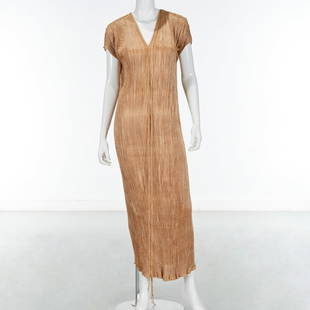 Mariano Fortuny mocha silk Delphos evening gown: Mariano Fortuny mocha silk Delphos evening gown, early 20th c., Made in Italy, finely pleated silk with glass beads and silk cording seams, short sleeves, v-neck, interior label, approx. 56"l Provenan