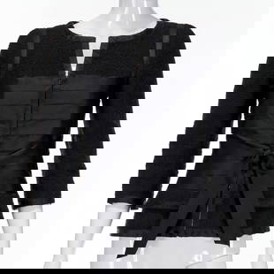 Chanel black boucle & satin belted jacket: Chanel black boucle & satin belted jacket, Autumn 2006, Karl Lagerfeld design, zipper front, pleated satin and satin trim at cuffs, hemline, faux pockets, fully lined with chain hemline, attached ribb