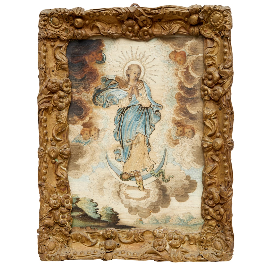 Continental devotional needle-work painting: Continental devotional needle-work painting, 18th/19th c. or earlier, The Virgin Mary with beatific painted face and metallic thread aureole, standing on a snake, surrounded by painted cherubs, in ela