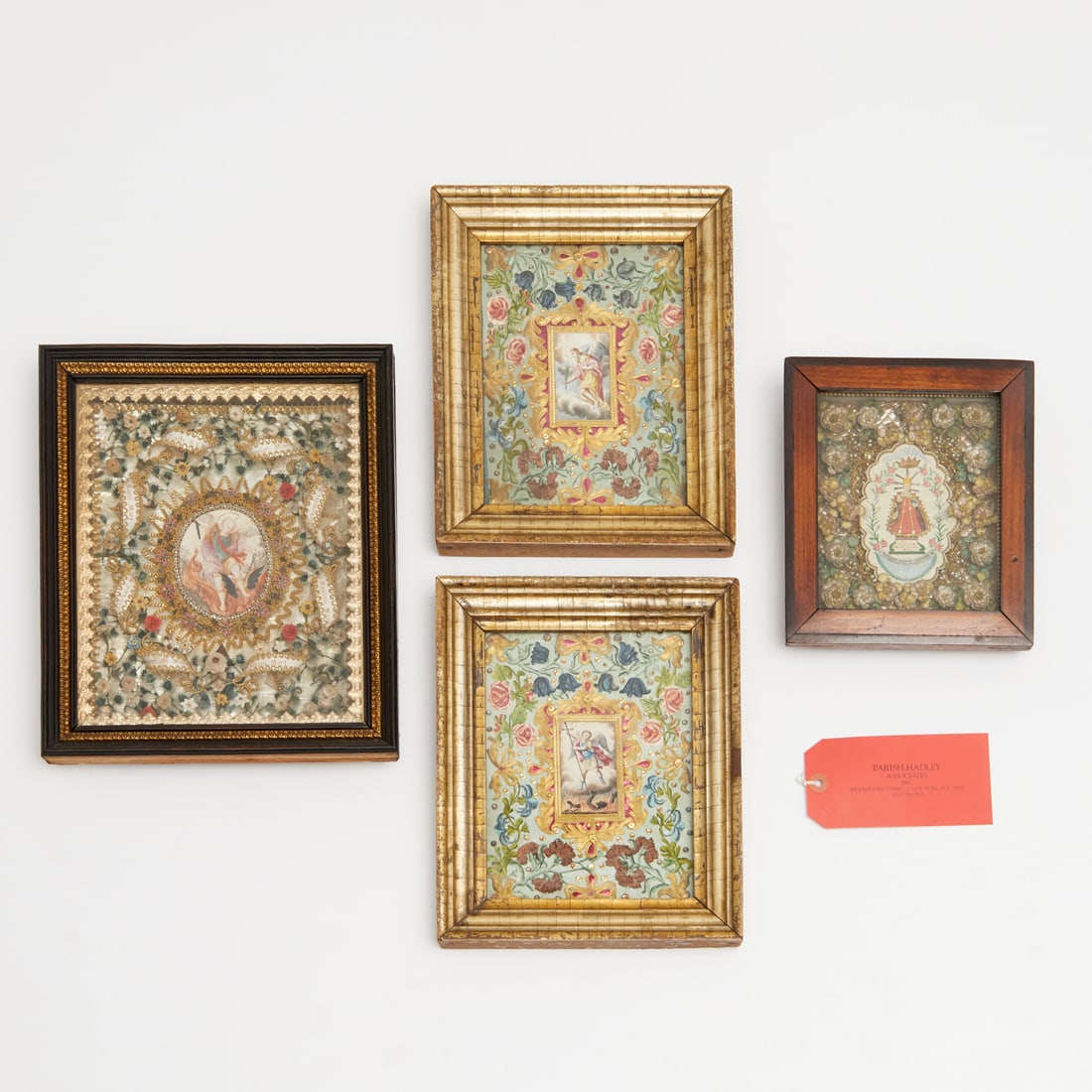 (4) Continental Klosterarbeit devotional paintings: (4) Continental Klosterarbeit devotional paintings, 19th c., watercolor paintings with tinsel, silk and sequins, (2) German, depicting the Infant of Prague and St. Michael, (2) likely Italian, depicti