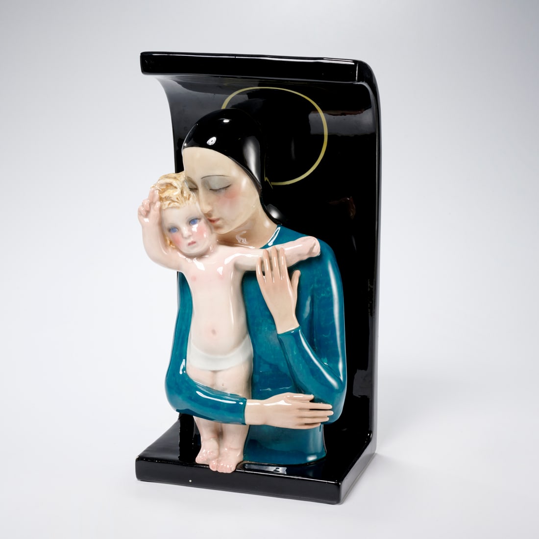 Lenci porcelain Madonna and Child: Lenci porcelain Madonna and Child, c. 1972, Italy, glazed pottery, signed and dated on underside, with sticker label, 12.25"h x 6.25" x 4.5"d Provenance: The Collection of Linn Howard Selby Notes/Lite