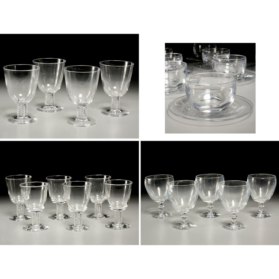 (40) Piece assembled Steuben stemware set: (39) Piece assembled Steuben stemware set, 20th c., USA, clear leaded crystal, including (6) Air Twist wine glasses, 5"h, (4) Air Twist water goblets, 6"h, (5) pattern 7666 wine glasses, 5.25"h, and (