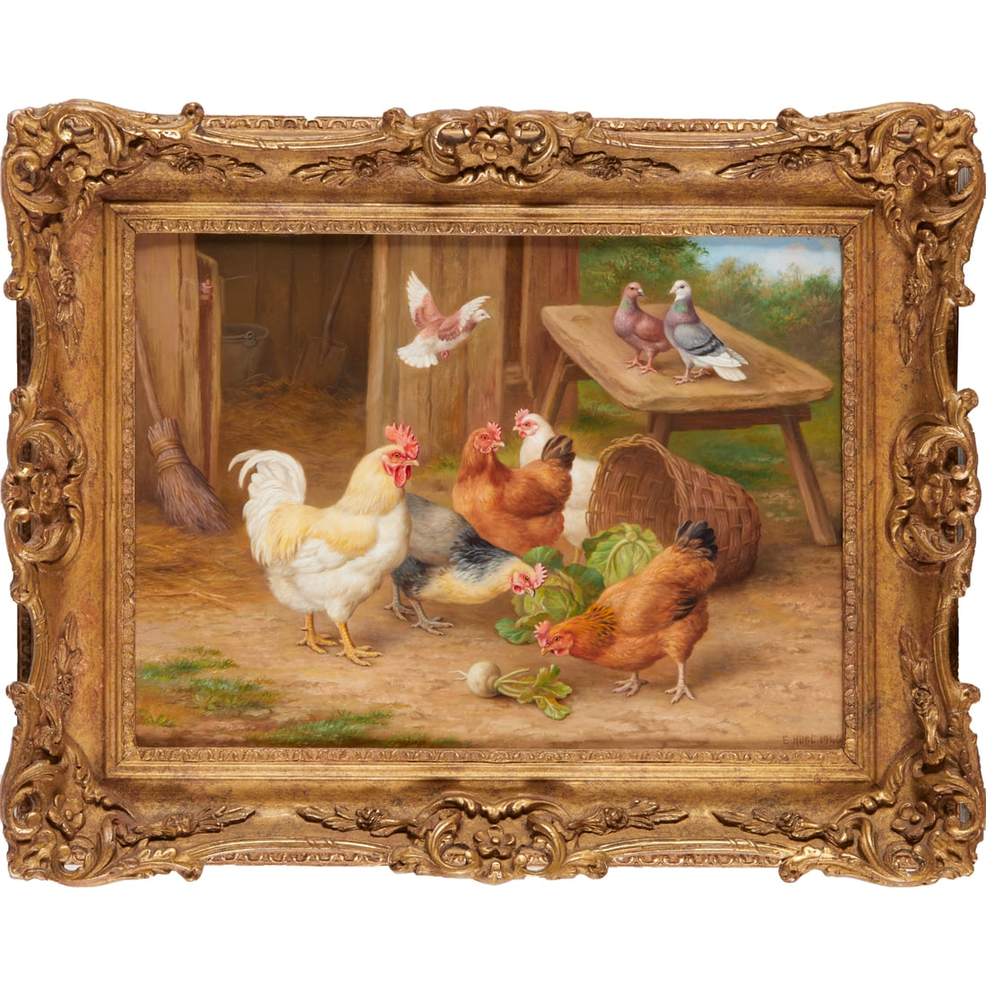 Edgar Hunt, oil on board, 1946: Edgar Hunt, oil on board, 1946, Edgar Hunt (British, 1876-1953), "Chickens & Pigeons", signed "E Hunt" and dated lower right, exhibition & gallery labels verso, 10.5"h x 14.5"w (sight), 16"h x 20"w (f