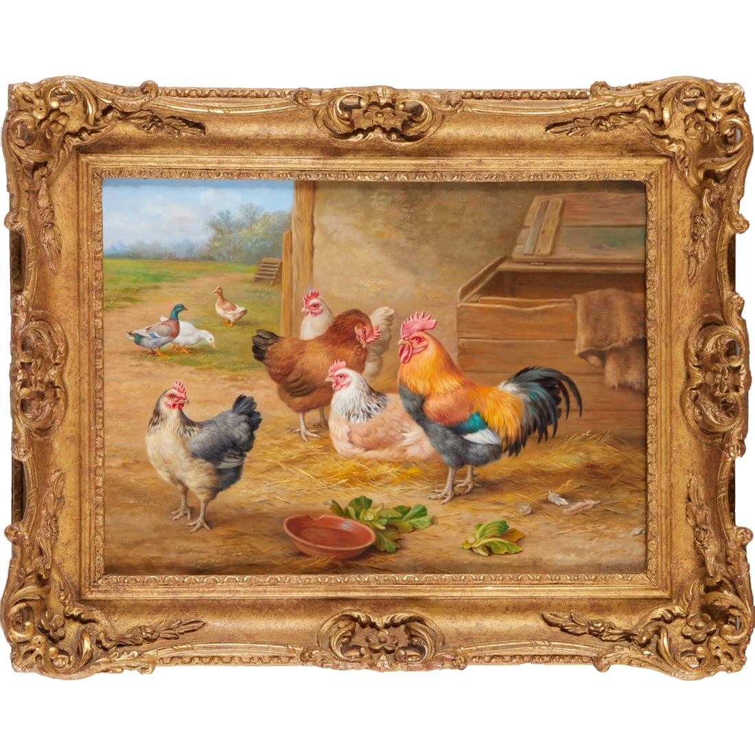 Edgar Hunt, oil on board, 1946: Edgar Hunt, oil on board, 1946, Edgar Hunt (British, 1876-1953), "Cockerel & Hens", signed "E Hunt" and dated lower right, exhibition label verso, 10.5"h x 14.5"w (sight), 16"h x 20"w (frame) Provenan
