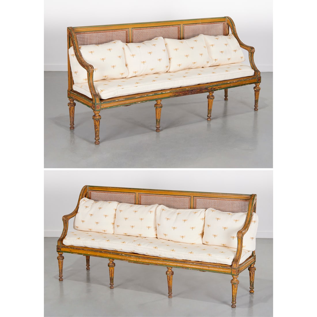 Pair Italian Neoclassic paint decorated settees: Pair Italian Neoclassic paint decorated settees, 19th c., green and ochre painted channeled wood frame, caned back and seat, loose back cushions and long seat cushion upholstered in a quilted fabric e