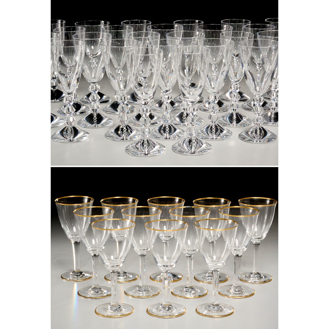 (38) Piece assembled Baccarat stemware set: (38) Piece assembled Baccarat stemware set, 20th c., France, clear leaded crystal, including (12) 'Vega' red wine glasses, 7"h x 3"dia, (14) 'Vega' white wine glasses, 7"h x 2.5"dia, (12) gilt rim 'Di