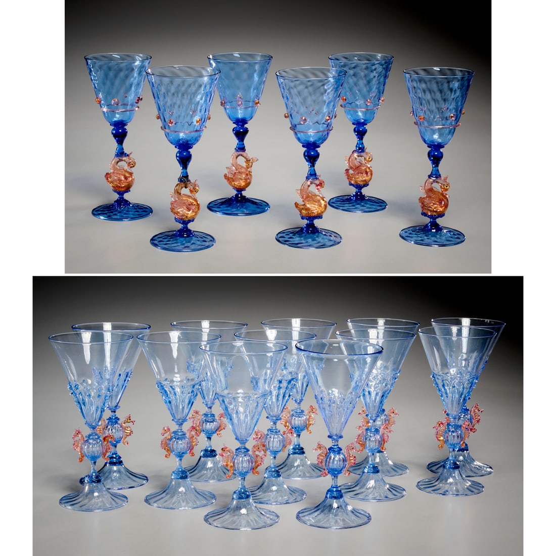 Group Salviati (attrib) Murano glass stemware: Group Salviati (attrib) Murano glass stemware, 20th c., Italy, blue glass with pink animal forms on stem, (18) pieces, including (12) conical wine glasses with seahorse decoration, 8"h, and (6) water 