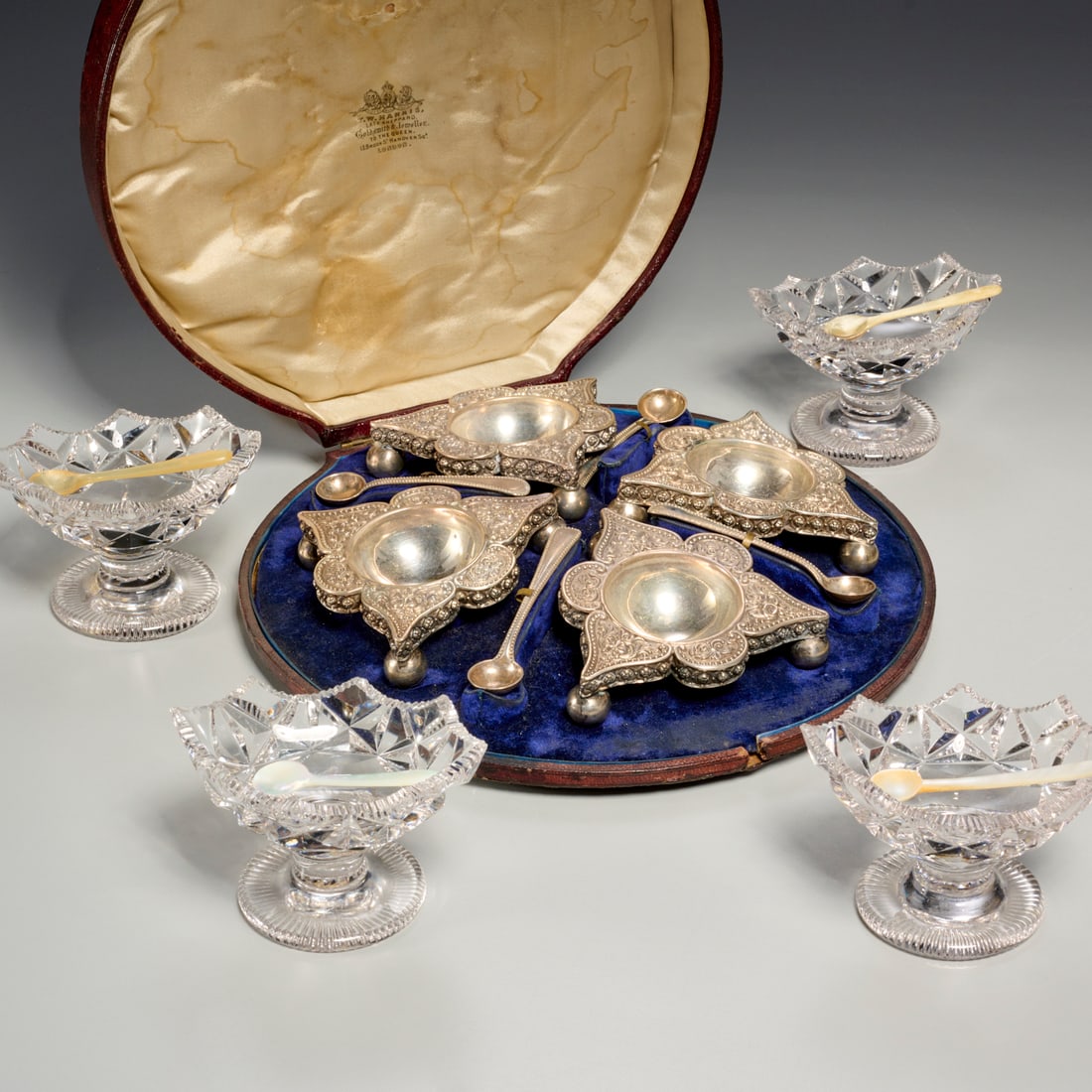 (2) English Orientalist sterling & glass salt sets (1 of 9)