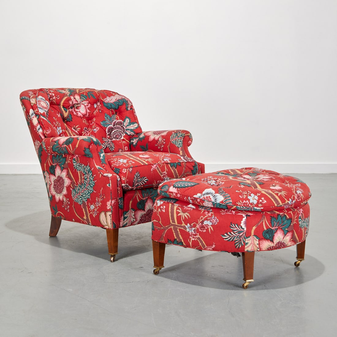 Edwardian style red chintz club chair and ottoman (1 of 7)