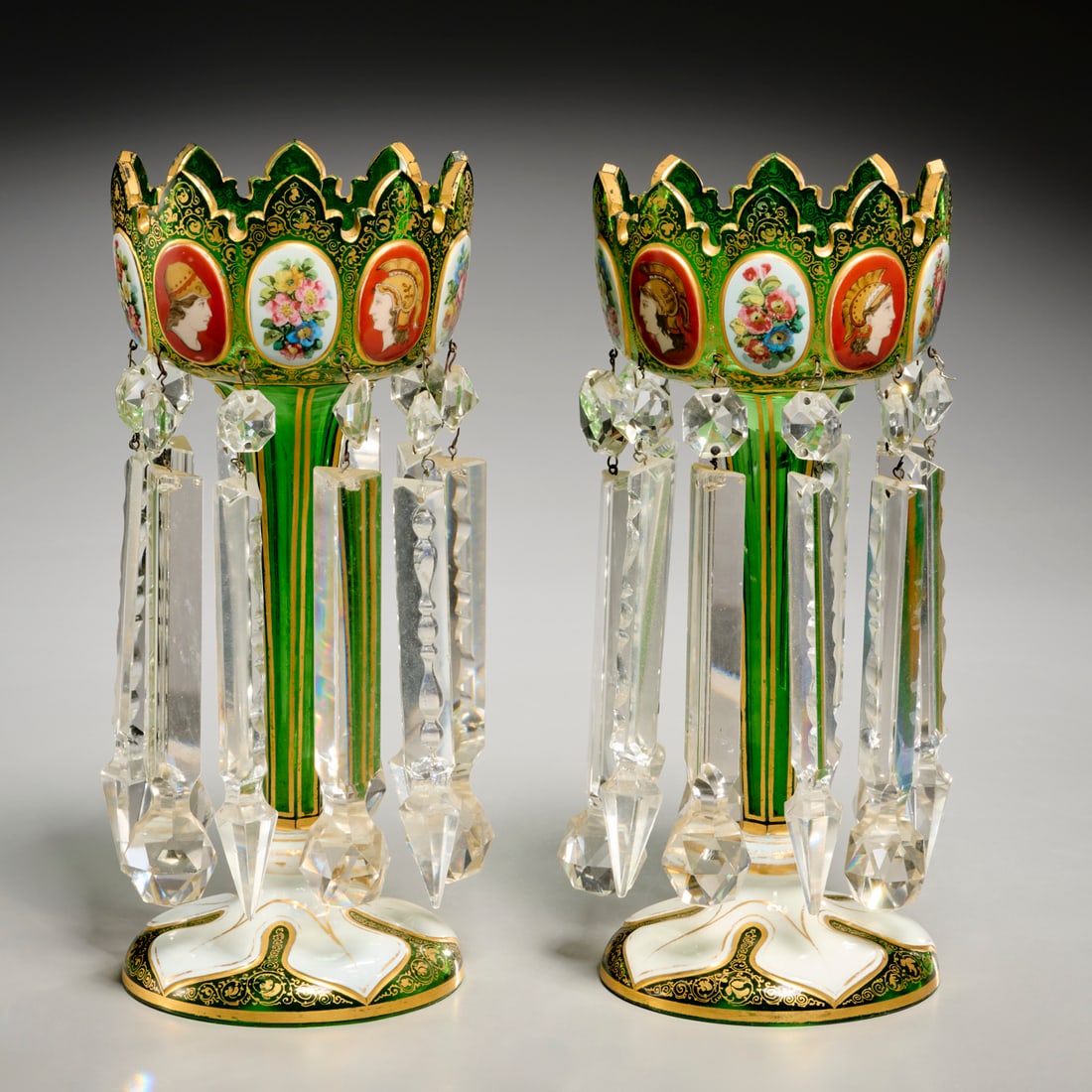 Pair Bohemian cased & enameled glass lusters (1 of 6)