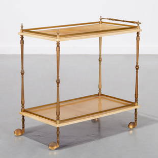 Aldo Tura brass and goatskin bar cart: Aldo Tura brass and goatskin bar cart, 1960s, Italy, on casters, small sticker label to underside, 30"h x 30.75"w x 16"d