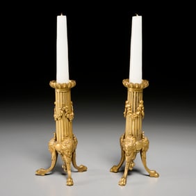 Pair Louis XVI style bronze dore candlesticks