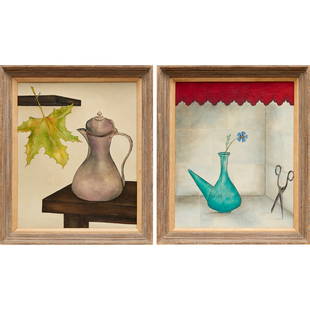 Modern School, (2) oil on canvas still lifes: Modern School, (2) oil on canvas still lifes, Modern School (20th c.), Pitcher with Leaf, no visible signature, and Vase with Scissors, possible faint signature "A.C.." at lower left, each: 17.5"h x 1