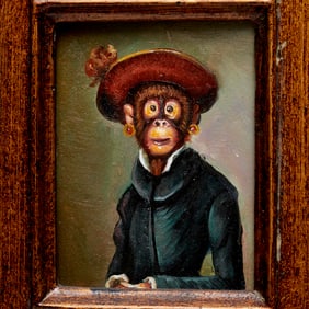 Singerie monkey portrait, oil on panel
