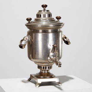 Antique Batashev Russian silver plated samovar: Antique Batashev Russian silver plated samovar, 19th c., stamped with Cyrillic lettering, multiple Imperial crests and seals, wooden handles, appears complete, 21"h x 13.5"w x 15"d