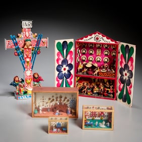 Mexican folk art retablo, cross, and shadow boxes