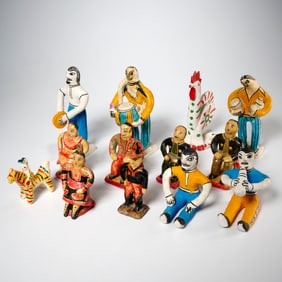 Group Folk art clay figures and animals