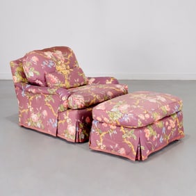 Custom floral upholstered club chair and ottoman