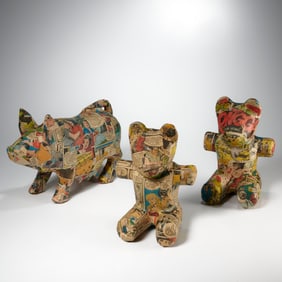 (3) Folk Art comic strip papier mache animals