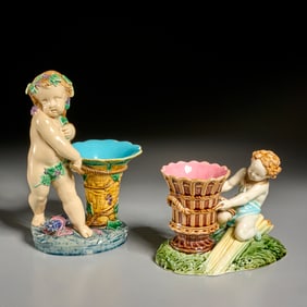 (2) Majolica cherub & basket vases, incl. Minton
