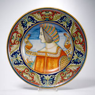 Deruta Italian majolica charger: Deruta Italian majolica charger, 20th c., Italy, decorated with female bust portrait in profile, artist signed and inscribed "Deruta, Di Pinto A. Mano, A. Binaglia" verso, 16.5"dia