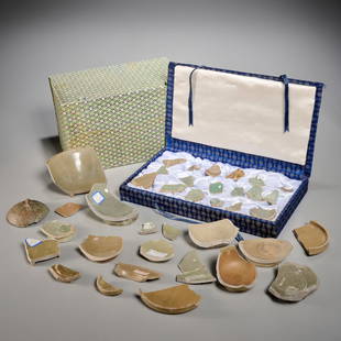 Group Asian celadon glazed fragments for study: Group Asian celadon glazed fragments for study, Possibly Chinese Ming Dynasty / Korean Joseon Dynasty, (30+) fragments and shards, glazed earthenware fragments, in varied crackle celadon glaze, in pre